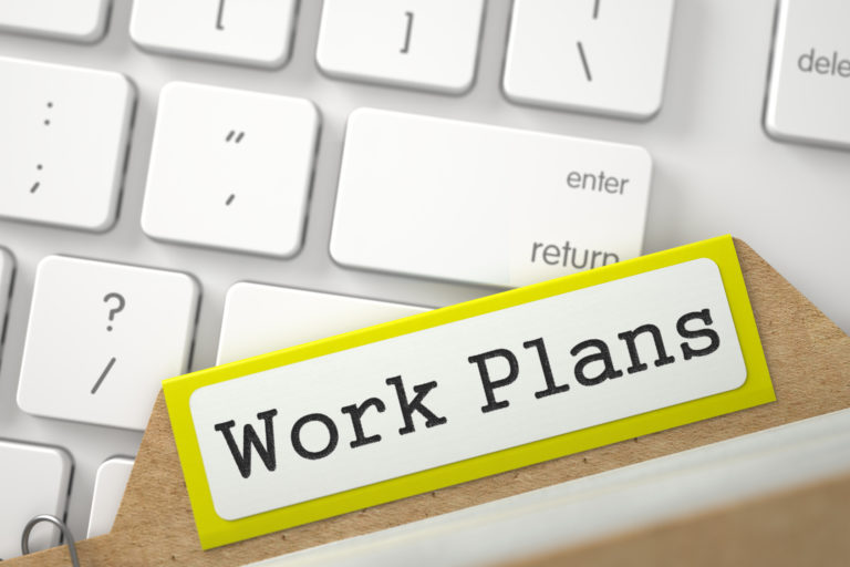 Work Plans written on Yellow Folder Index on Background of White Modern Computer Keyboard. Close Up View. Selective Focus. 3D Rendering.