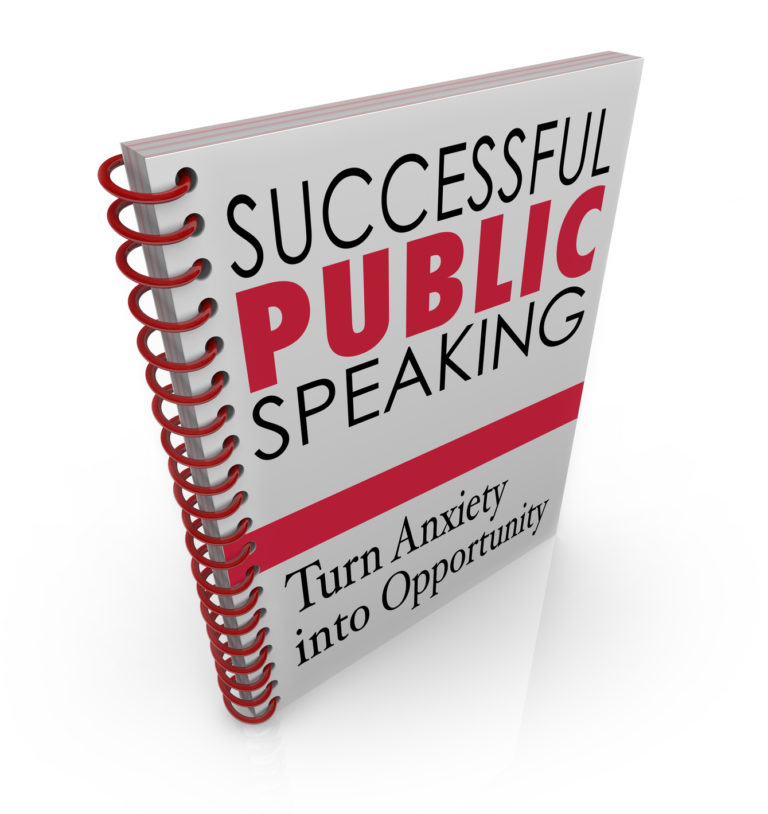 Successful Public Speaking words on a book cover for advice, help, tips and assistance in delivering a big speech at an event, meeting or conference