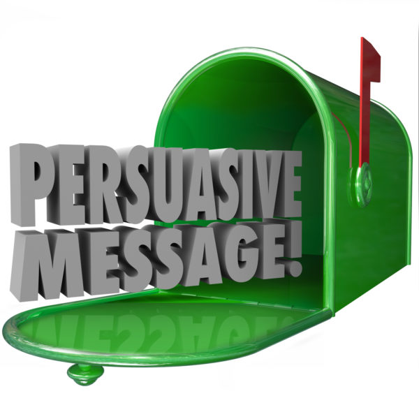 Persuasive Message words in a green metal mailbox to illustrate advertising or promotion that is convincing or influential in a decision