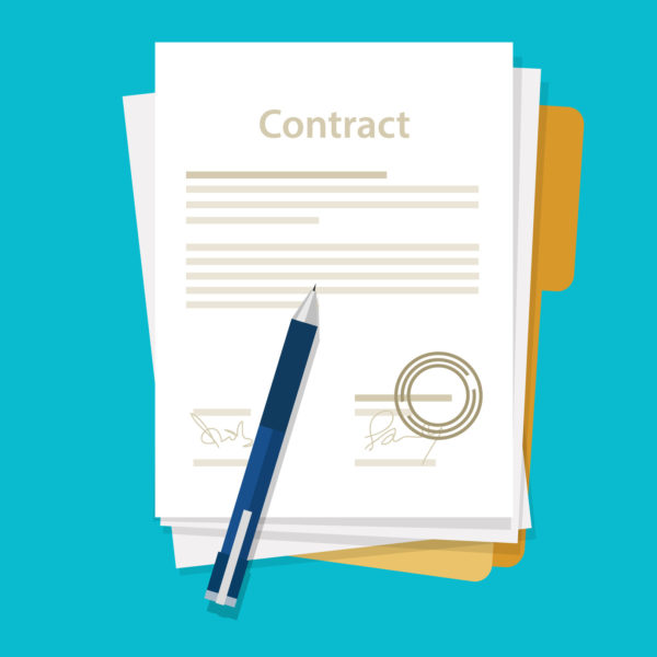 signed paper deal contract icon agreement  pen on desk  flat business illustration vector drawing